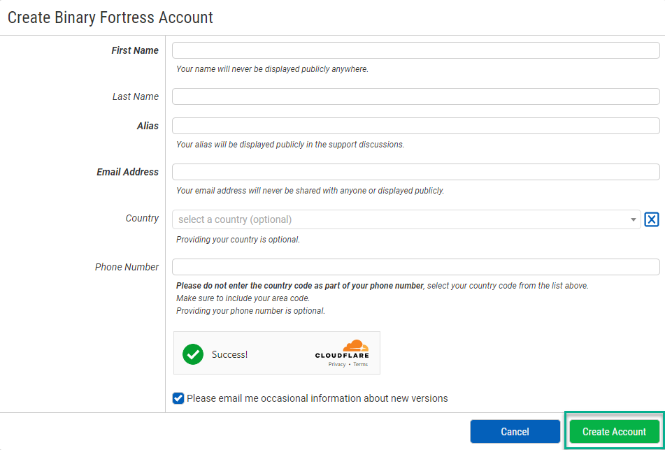Create Account continued